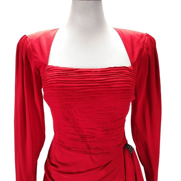 Vintage 90s Red Fitted Midi Cocktail Dress Size S Draped Open Back Square Neck - Picture 6 of 16